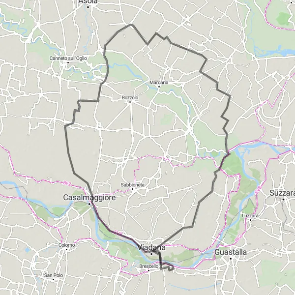 Miniatua del mapa de inspiración ciclista "Ruta de ciclismo de carretera por Casalmaggiore y Viadana" en Emilia-Romagna, Italy. Generado por Tarmacs.app planificador de rutas ciclistas