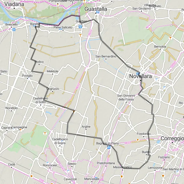 Miniaturní mapa "Jízda kolem Gualtieri a Novellary" inspirace pro cyklisty v oblasti Emilia-Romagna, Italy. Vytvořeno pomocí plánovače tras Tarmacs.app