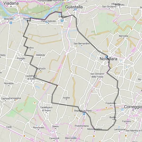 Miniatuurkaart van de fietsinspiratie "Fietsroute rond Boretto - Route langs de Po" in Emilia-Romagna, Italy. Gemaakt door de Tarmacs.app fietsrouteplanner