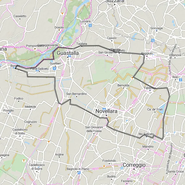 Map miniature of "Road Route: Guastalla to Rio Saliceto" cycling inspiration in Emilia-Romagna, Italy. Generated by Tarmacs.app cycling route planner