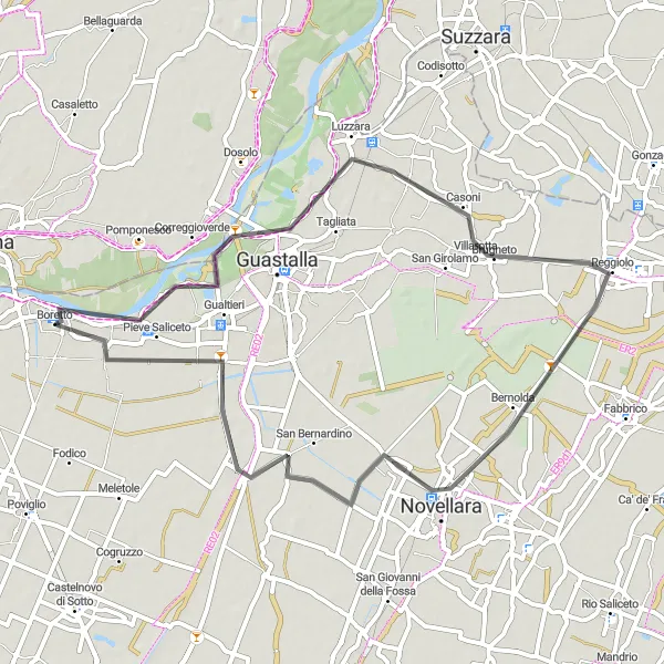 Miniaturní mapa "Scenic Road Loop from Boretto" inspirace pro cyklisty v oblasti Emilia-Romagna, Italy. Vytvořeno pomocí plánovače tras Tarmacs.app