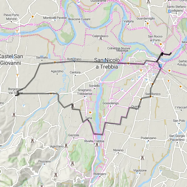 Kartminiatyr av "Borgonovo Val Tidone til Sarmato via Piacenza" sykkelinspirasjon i Emilia-Romagna, Italy. Generert av Tarmacs.app sykkelrutoplanlegger