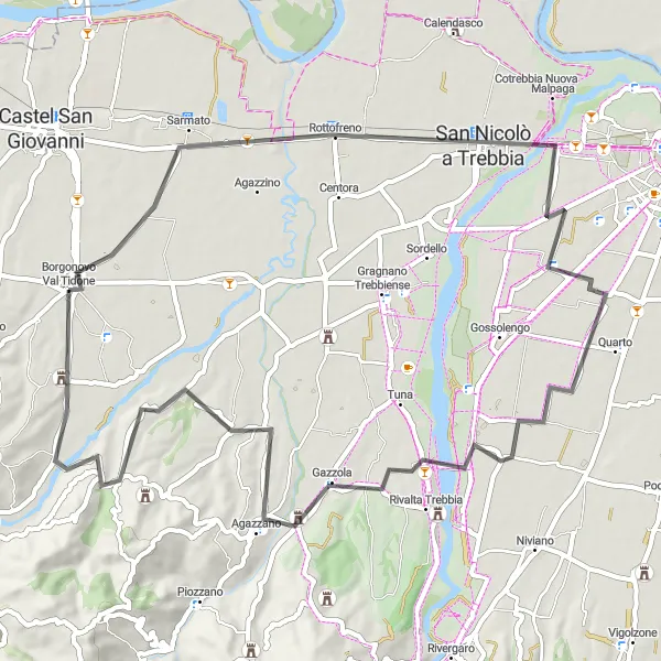 Zemljevid v pomanjšavi "Cestni krog prek Sarmata" kolesarske inspiracije v Emilia-Romagna, Italy. Generirano z načrtovalcem kolesarskih poti Tarmacs.app