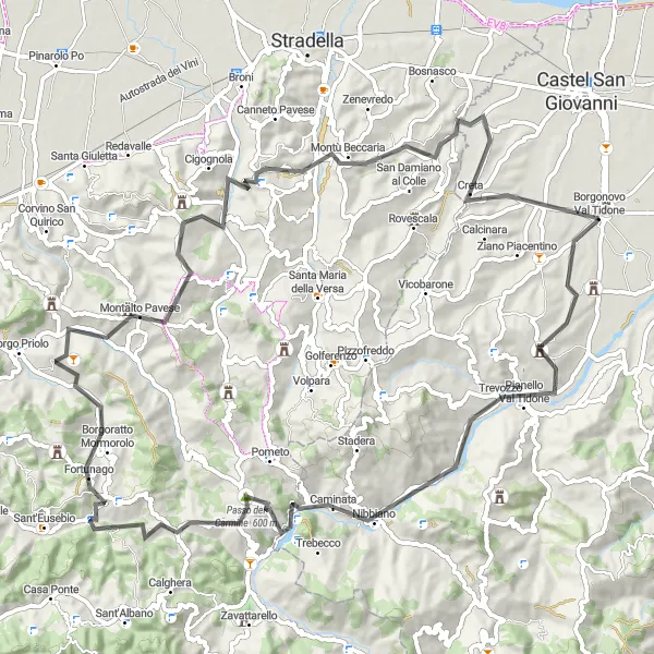 Miniatua del mapa de inspiración ciclista "Vuelta a Borgonovo Val Tidone y alrededores" en Emilia-Romagna, Italy. Generado por Tarmacs.app planificador de rutas ciclistas