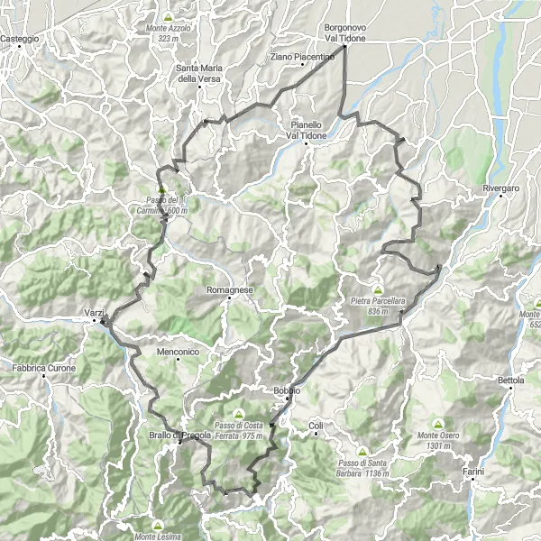Kartminiatyr av "Utforsk historiske slott på en 140 km lang veistur i Emilia-Romagna" sykkelinspirasjon i Emilia-Romagna, Italy. Generert av Tarmacs.app sykkelrutoplanlegger
