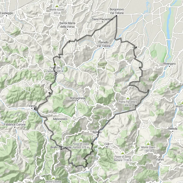 Miniatuurkaart van de fietsinspiratie "Uitdagende wegtocht rond Borgonovo Valtidone" in Emilia-Romagna, Italy. Gemaakt door de Tarmacs.app fietsrouteplanner