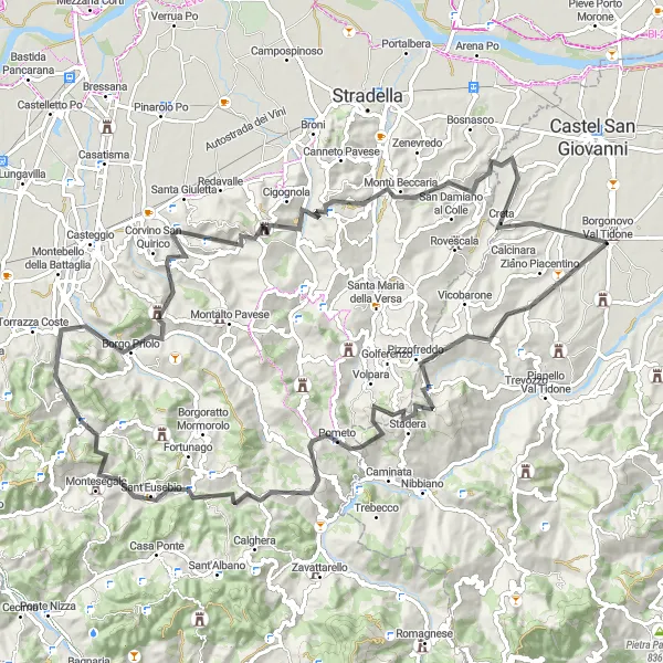 Miniatua del mapa de inspiración ciclista "Desafío ciclista por Ziano Piacentino y Montesegale" en Emilia-Romagna, Italy. Generado por Tarmacs.app planificador de rutas ciclistas