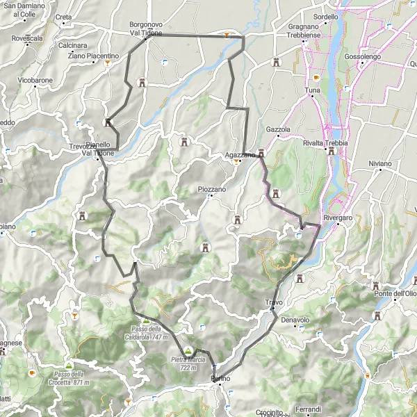 Miniatua del mapa de inspiración ciclista "Ruta de ciclismo en carretera hacia Borgonovo Val Tidone" en Emilia-Romagna, Italy. Generado por Tarmacs.app planificador de rutas ciclistas