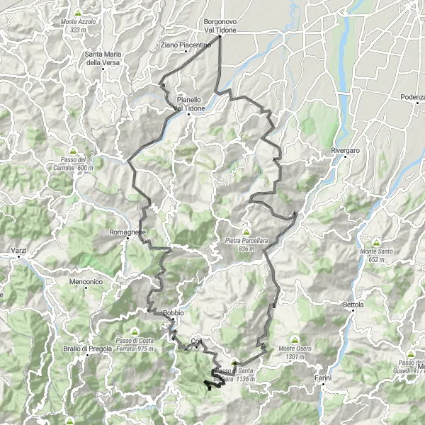 Map miniature of "The Piozzano Circuit" cycling inspiration in Emilia-Romagna, Italy. Generated by Tarmacs.app cycling route planner