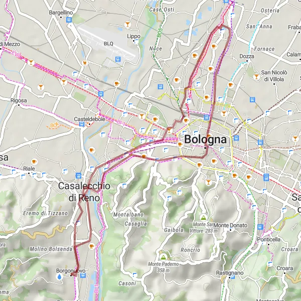 Map miniature of "Hidden Gems of Caserme Rosse" cycling inspiration in Emilia-Romagna, Italy. Generated by Tarmacs.app cycling route planner