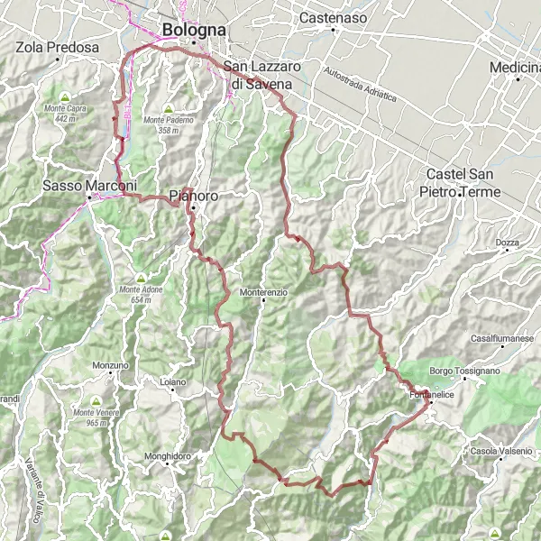 Miniaturekort af cykelinspirationen "Grusvejscykeloplevelse i Borgonuovo" i Emilia-Romagna, Italy. Genereret af Tarmacs.app cykelruteplanlægger