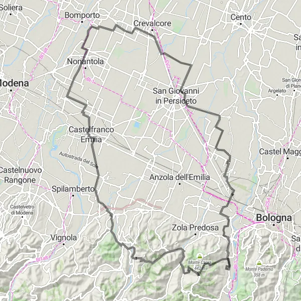 Miniatua del mapa de inspiración ciclista "Ruta de ciclismo de ida y vuelta desde Borgonuovo" en Emilia-Romagna, Italy. Generado por Tarmacs.app planificador de rutas ciclistas