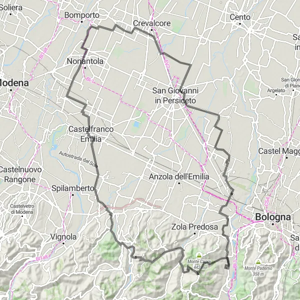 Miniaturekort af cykelinspirationen "Lang cykeltur igennem det skønne landskab" i Emilia-Romagna, Italy. Genereret af Tarmacs.app cykelruteplanlægger