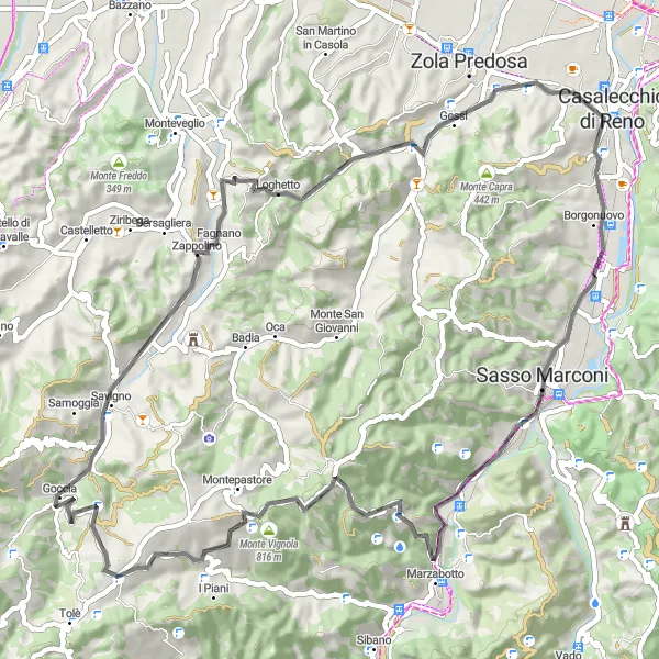 Miniatua del mapa de inspiración ciclista "Ruta escénica por Monte Vignola y Monte Specchio" en Emilia-Romagna, Italy. Generado por Tarmacs.app planificador de rutas ciclistas