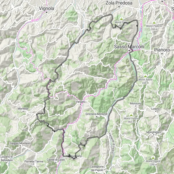 Miniature de la carte de l'inspiration cycliste "Circuit de Borgonuovo à Monte Olive" dans la Emilia-Romagna, Italy. Générée par le planificateur d'itinéraire cycliste Tarmacs.app