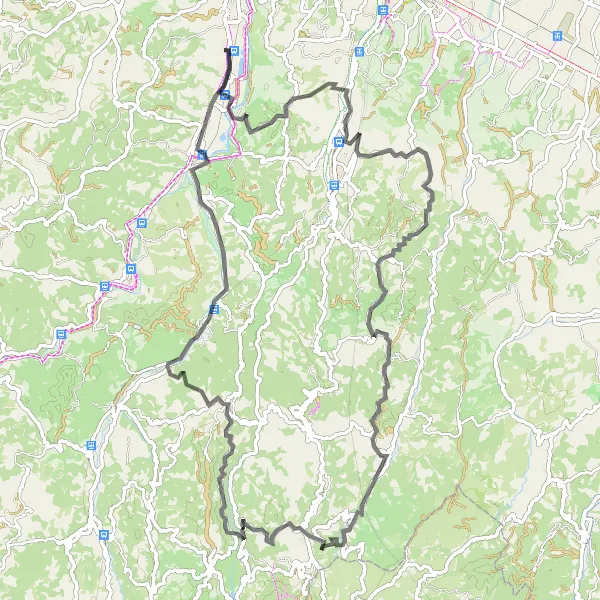 Miniatura mapy "Trasa rowerowa z Borgonuovo przez Monte Poggio Santa Croce i Monte Cavare" - trasy rowerowej w Emilia-Romagna, Italy. Wygenerowane przez planer tras rowerowych Tarmacs.app