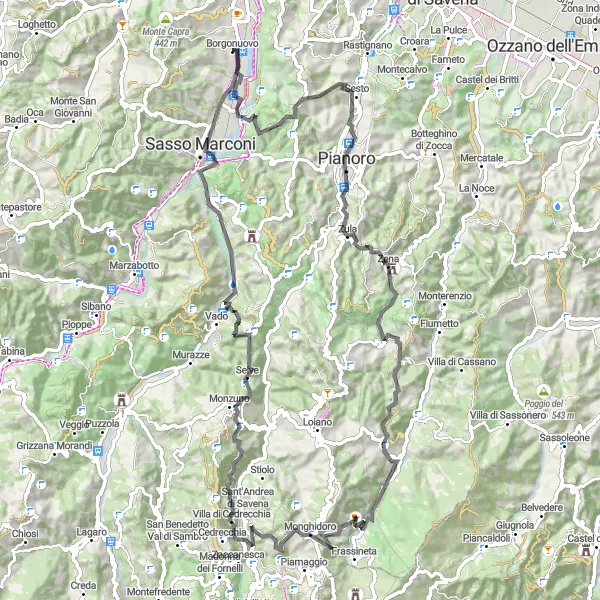 Miniatua del mapa de inspiración ciclista "Aventura por Pianoro Vecchio y Monte Lupo" en Emilia-Romagna, Italy. Generado por Tarmacs.app planificador de rutas ciclistas