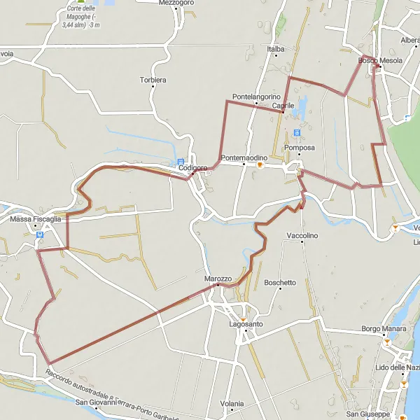 Miniature de la carte de l'inspiration cycliste "Les Marais de Bosco Mesola" dans la Emilia-Romagna, Italy. Générée par le planificateur d'itinéraire cycliste Tarmacs.app