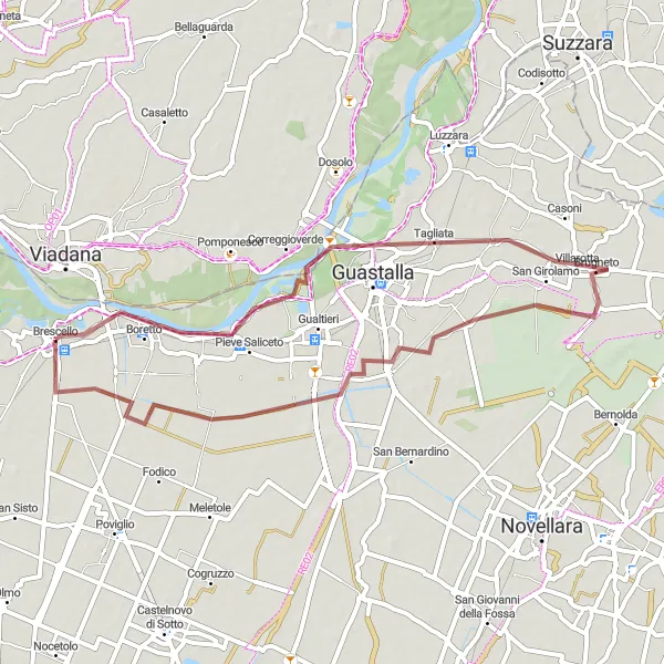 Zemljevid v pomanjšavi "Raziskovanje makadamskih poti v bližini Brescello" kolesarske inspiracije v Emilia-Romagna, Italy. Generirano z načrtovalcem kolesarskih poti Tarmacs.app