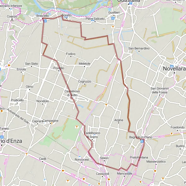 Miniatua del mapa de inspiración ciclista "Ruta de grava a Poviglio" en Emilia-Romagna, Italy. Generado por Tarmacs.app planificador de rutas ciclistas