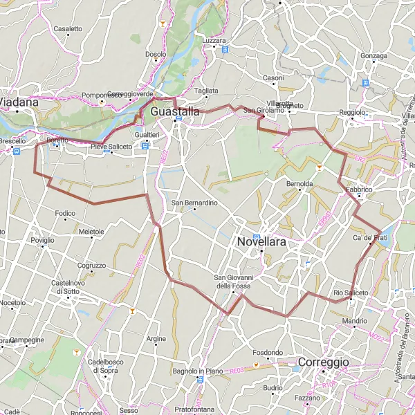 Miniatua del mapa de inspiración ciclista "Ruta de ciclismo de grava cerca de Brescello" en Emilia-Romagna, Italy. Generado por Tarmacs.app planificador de rutas ciclistas