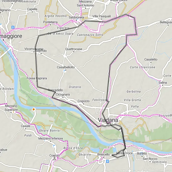 Miniatua del mapa de inspiración ciclista "Ruta en carretera desde Brescello" en Emilia-Romagna, Italy. Generado por Tarmacs.app planificador de rutas ciclistas