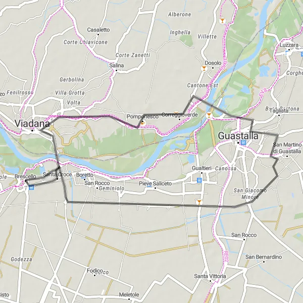 Mapa miniatúra "Okruh cez Guastallu a Pieve Saliceto" cyklistická inšpirácia v Emilia-Romagna, Italy. Vygenerované cyklistickým plánovačom trás Tarmacs.app