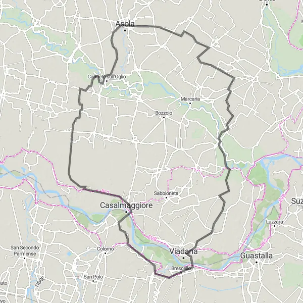 Miniatua del mapa de inspiración ciclista "Ruta panorámica de 120 km desde Brescello" en Emilia-Romagna, Italy. Generado por Tarmacs.app planificador de rutas ciclistas