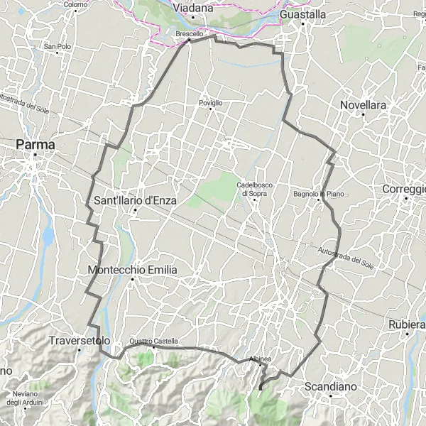 Miniatura della mappa di ispirazione al ciclismo "Tour ciclistico da Brescello a Quattro Castella" nella regione di Emilia-Romagna, Italy. Generata da Tarmacs.app, pianificatore di rotte ciclistiche