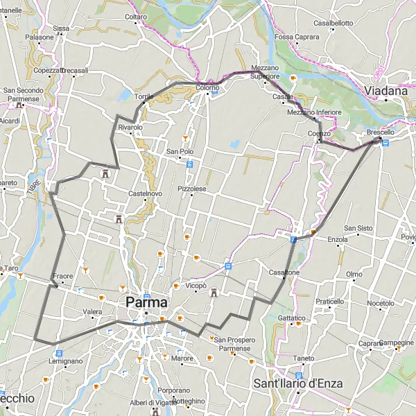 Mapa miniatúra "Cyklistická trasa cez Sorbolo, Parma a Eia" cyklistická inšpirácia v Emilia-Romagna, Italy. Vygenerované cyklistickým plánovačom trás Tarmacs.app