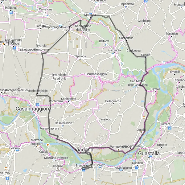 Miniatuurkaart van de fietsinspiratie "Fietsavontuur van Fossa Caprara naar Viadana" in Emilia-Romagna, Italy. Gemaakt door de Tarmacs.app fietsrouteplanner