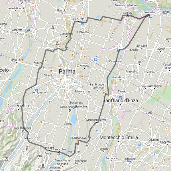 Miniatua del mapa de inspiración ciclista "Ruta en carretera desde Brescello" en Emilia-Romagna, Italy. Generado por Tarmacs.app planificador de rutas ciclistas