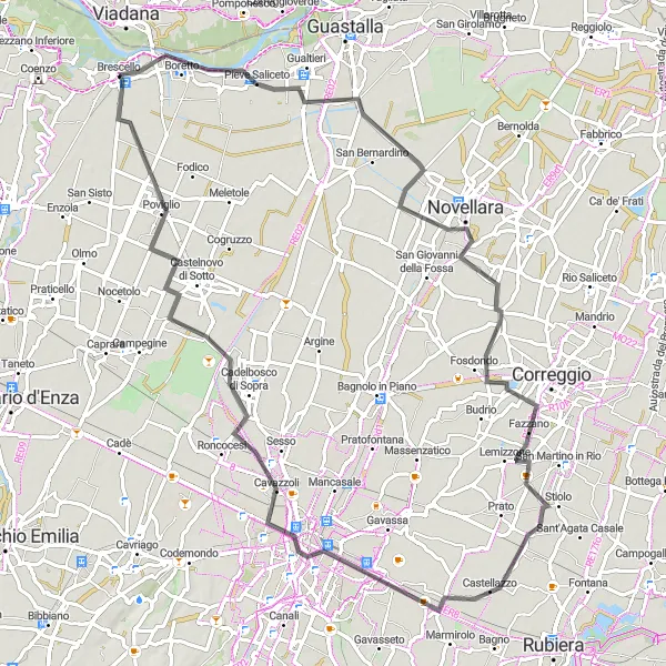 Miniatua del mapa de inspiración ciclista "Ruta en carretera a Reggio nell'Emilia" en Emilia-Romagna, Italy. Generado por Tarmacs.app planificador de rutas ciclistas