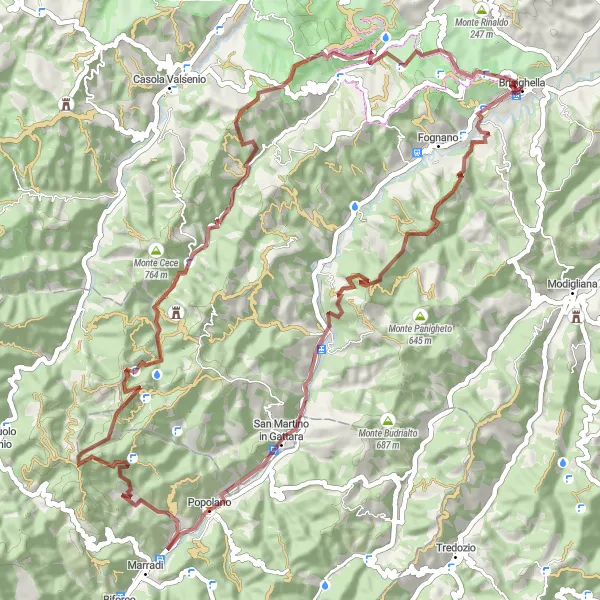Kartminiatyr av "Upptäck Rontana och Monte Castellaro" cykelinspiration i Emilia-Romagna, Italy. Genererad av Tarmacs.app cykelruttplanerare