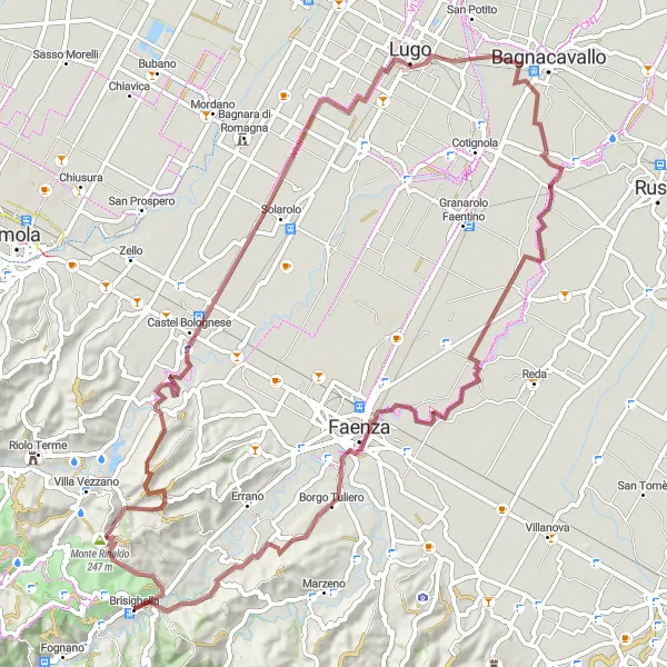 Zemljevid v pomanjšavi "Gorsko kolesarjenje okoli Brisighelle" kolesarske inspiracije v Emilia-Romagna, Italy. Generirano z načrtovalcem kolesarskih poti Tarmacs.app