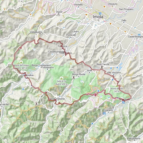 Mapa miniatúra "Trasa okolo Brisighelly s výstupom na Monte Rinaldo" cyklistická inšpirácia v Emilia-Romagna, Italy. Vygenerované cyklistickým plánovačom trás Tarmacs.app