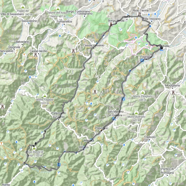 Zemljevid v pomanjšavi "Cikloturizem v bližini Brisighelle - Road Route" kolesarske inspiracije v Emilia-Romagna, Italy. Generirano z načrtovalcem kolesarskih poti Tarmacs.app