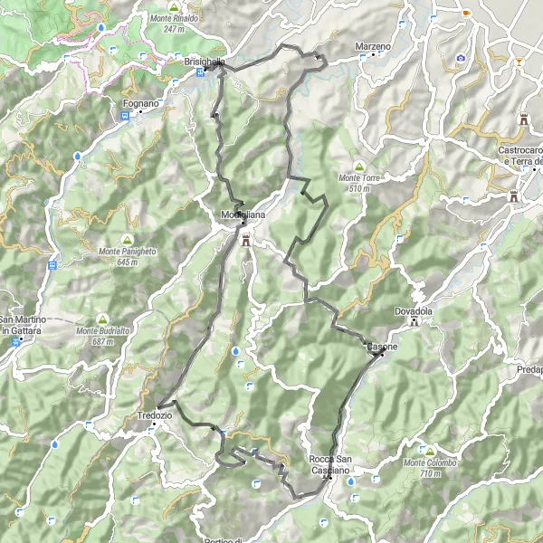 Kartminiatyr av "Brisighella till Modigliana via Monte Corno" cykelinspiration i Emilia-Romagna, Italy. Genererad av Tarmacs.app cykelruttplanerare