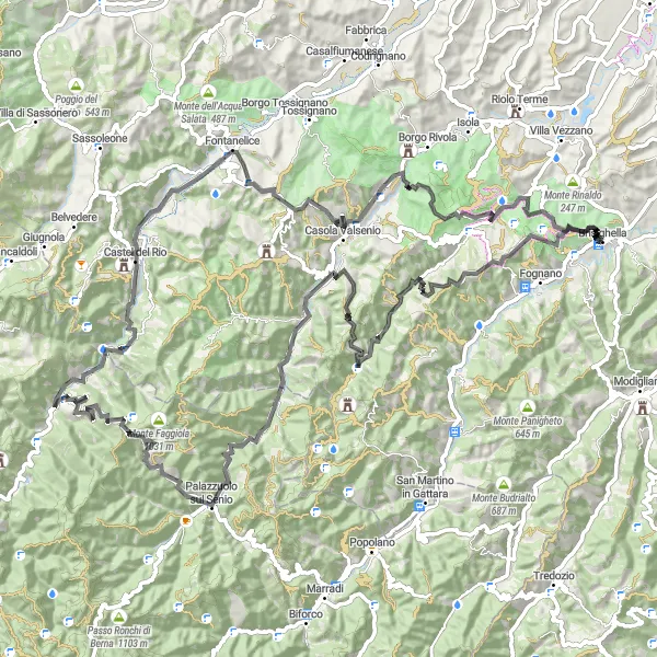 Miniaturní mapa "Rocca di Brisighella - Monte di Rontana - Passo Rive del Cerro - Palazzuolo sul Senio" inspirace pro cyklisty v oblasti Emilia-Romagna, Italy. Vytvořeno pomocí plánovače tras Tarmacs.app