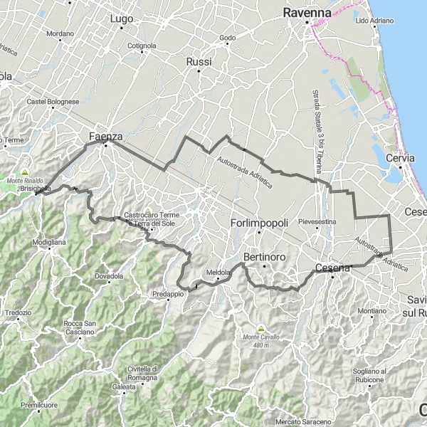 Zemljevid v pomanjšavi "Kolesarjenje po cestah okoli Brisighelle" kolesarske inspiracije v Emilia-Romagna, Italy. Generirano z načrtovalcem kolesarskih poti Tarmacs.app