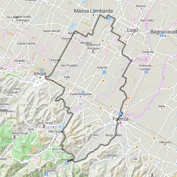 Kartminiatyr av "Veitur til Rocca di Brisighella og Monte Pilato" sykkelinspirasjon i Emilia-Romagna, Italy. Generert av Tarmacs.app sykkelrutoplanlegger