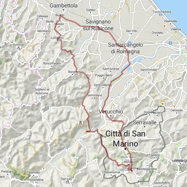 Miniatuurkaart van de fietsinspiratie "Santarcangelo di Romagna naar Gualdicciolo en Monte Borgelino" in Emilia-Romagna, Italy. Gemaakt door de Tarmacs.app fietsrouteplanner
