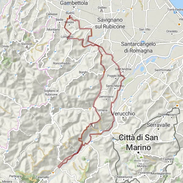 Miniaturní mapa "Gravelová trasa kolem Poggio Berni" inspirace pro cyklisty v oblasti Emilia-Romagna, Italy. Vytvořeno pomocí plánovače tras Tarmacs.app