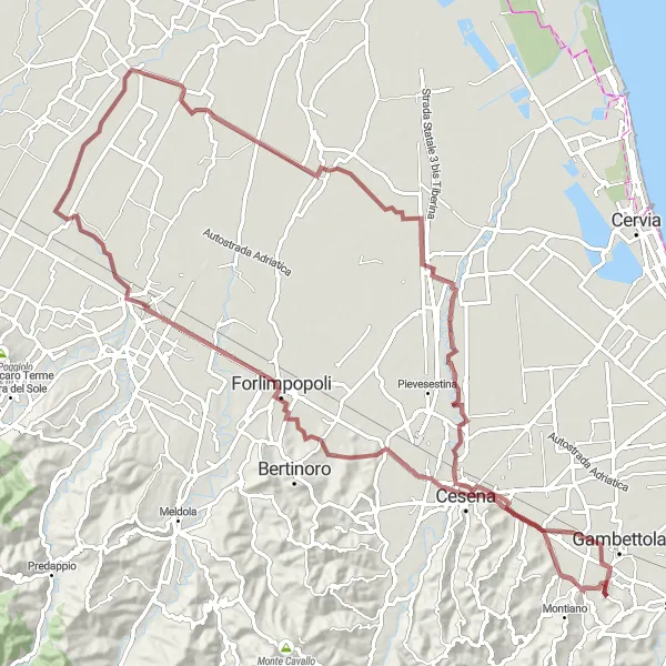 Miniatua del mapa de inspiración ciclista "Exploración en Gravel por Coccolia y Forlì" en Emilia-Romagna, Italy. Generado por Tarmacs.app planificador de rutas ciclistas