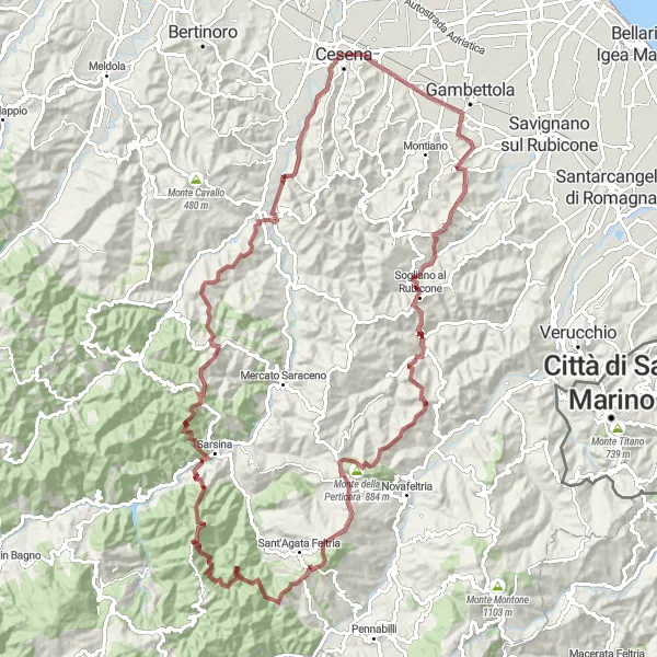 Map miniature of "Gravel Adventure to Monte Curto" cycling inspiration in Emilia-Romagna, Italy. Generated by Tarmacs.app cycling route planner