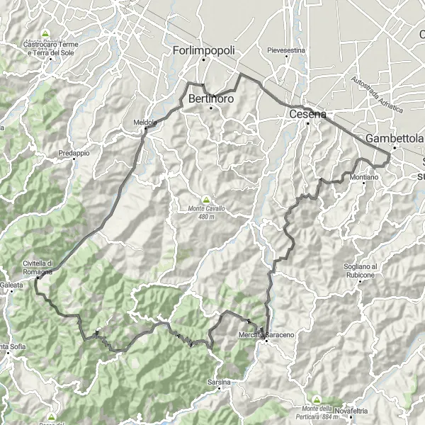 Kartminiatyr av "Spenstig sykkeltur til Civitella di Romagna og Torre del Moro" sykkelinspirasjon i Emilia-Romagna, Italy. Generert av Tarmacs.app sykkelrutoplanlegger