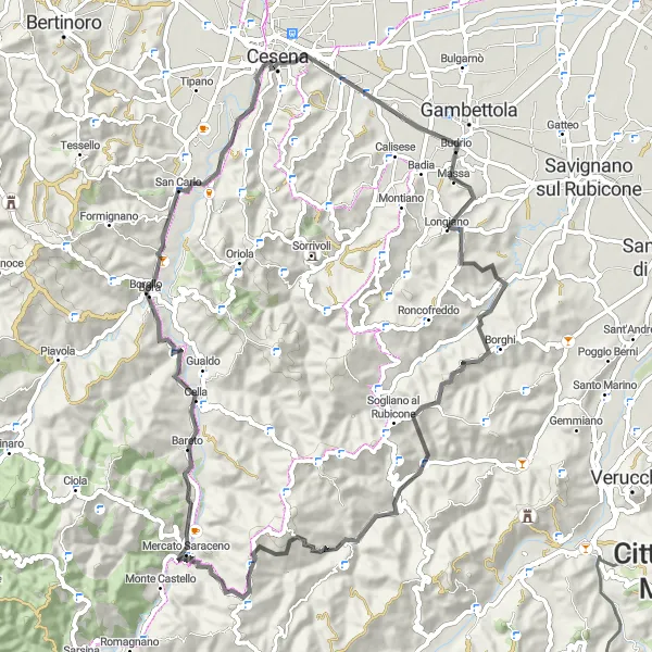 Kartminiatyr av "Opplevelsesrik sykkeltur til Rocca Malatestiana og Monte Spelano" sykkelinspirasjon i Emilia-Romagna, Italy. Generert av Tarmacs.app sykkelrutoplanlegger