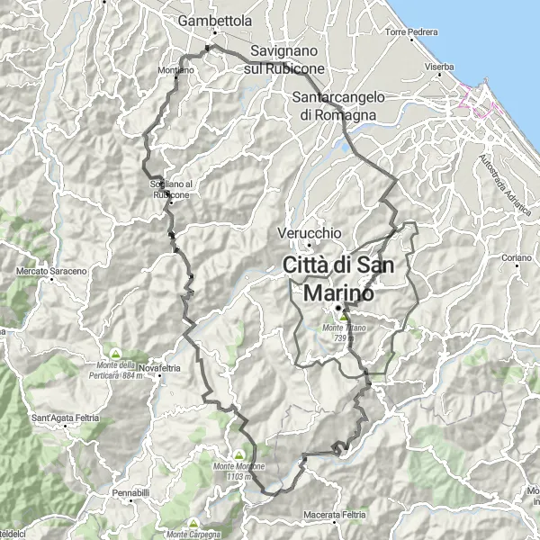 Miniatuurkaart van de fietsinspiratie "Uitdagende rit naar Sogliano al Rubicone en Santarcangelo di Romagna" in Emilia-Romagna, Italy. Gemaakt door de Tarmacs.app fietsrouteplanner