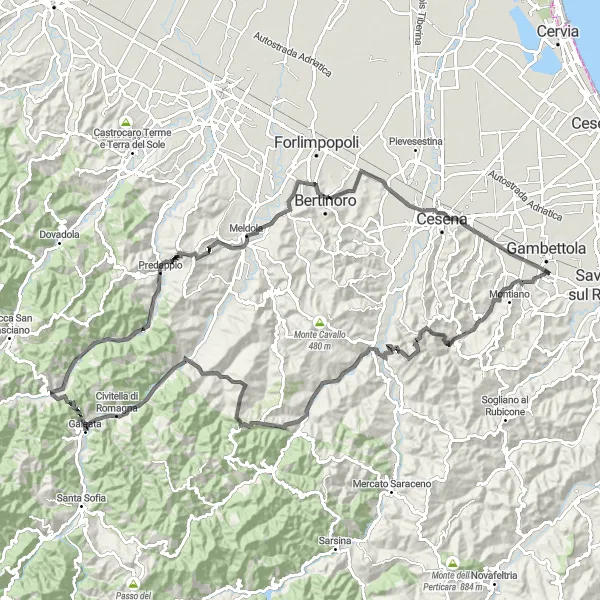 Miniatua del mapa de inspiración ciclista "Ruta en Carretera por Predappio y Monte Delle Forche" en Emilia-Romagna, Italy. Generado por Tarmacs.app planificador de rutas ciclistas