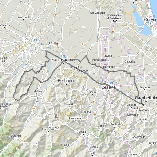 Miniatua del mapa de inspiración ciclista "Ruta de Ciclismo de Carretera Forlimpopoli-Rocca delle Caminate" en Emilia-Romagna, Italy. Generado por Tarmacs.app planificador de rutas ciclistas